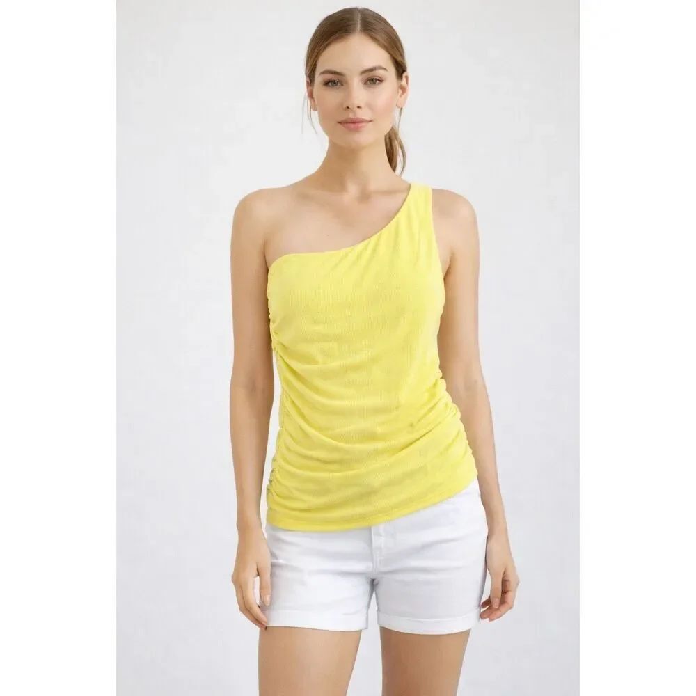 Forever 21 Yellow One Shoulder Ruched Tank Top Womens Large